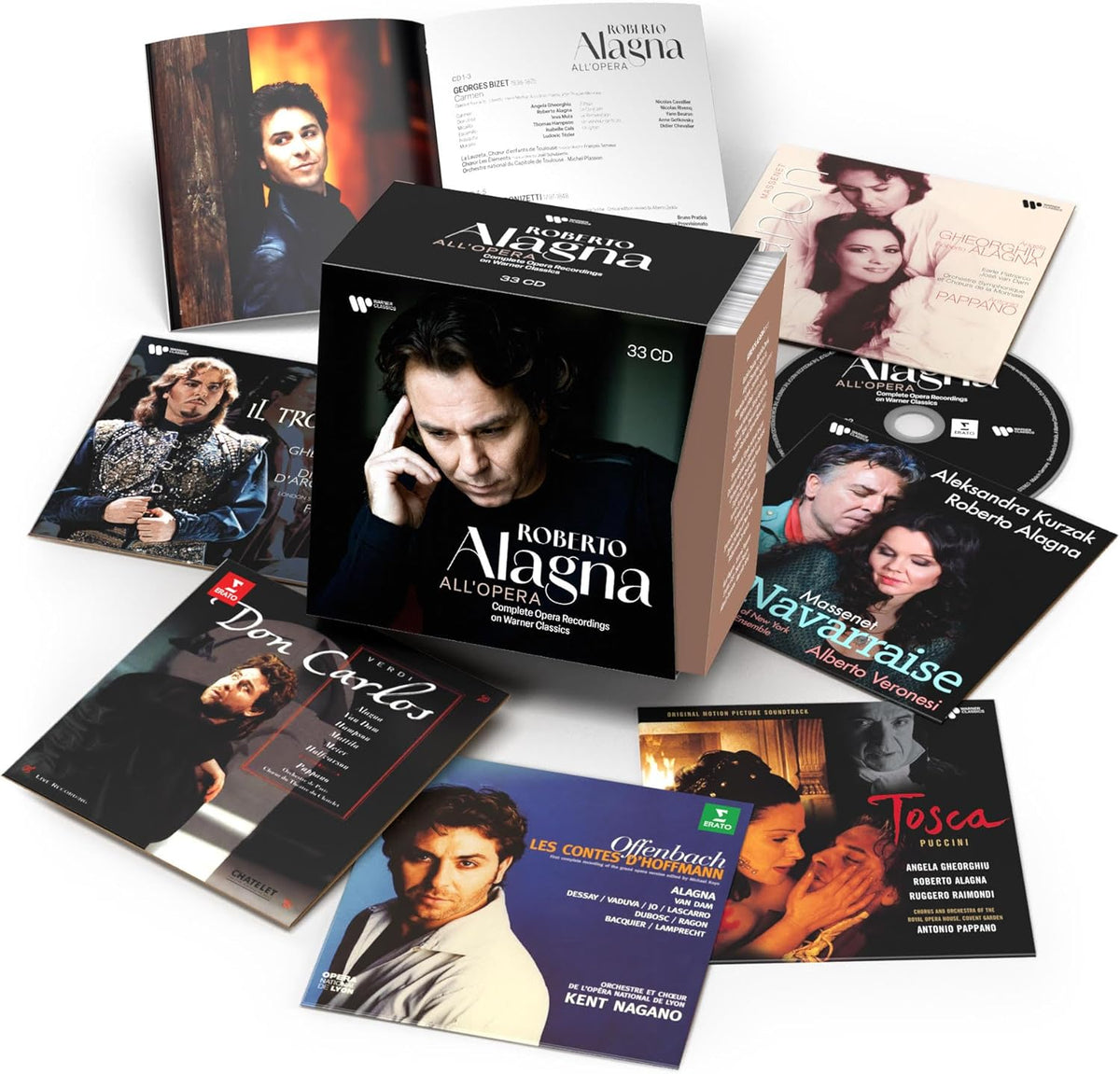 Stack of opera CDs featuring tenor Roberto Alagna on the covers.
