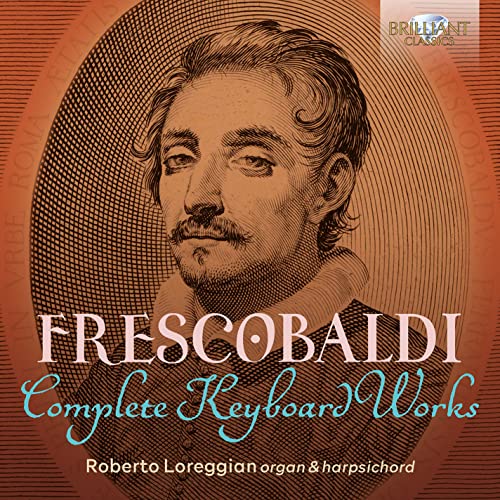 Engraved portrait of Frescobaldi on a circular orange background with album title text.
