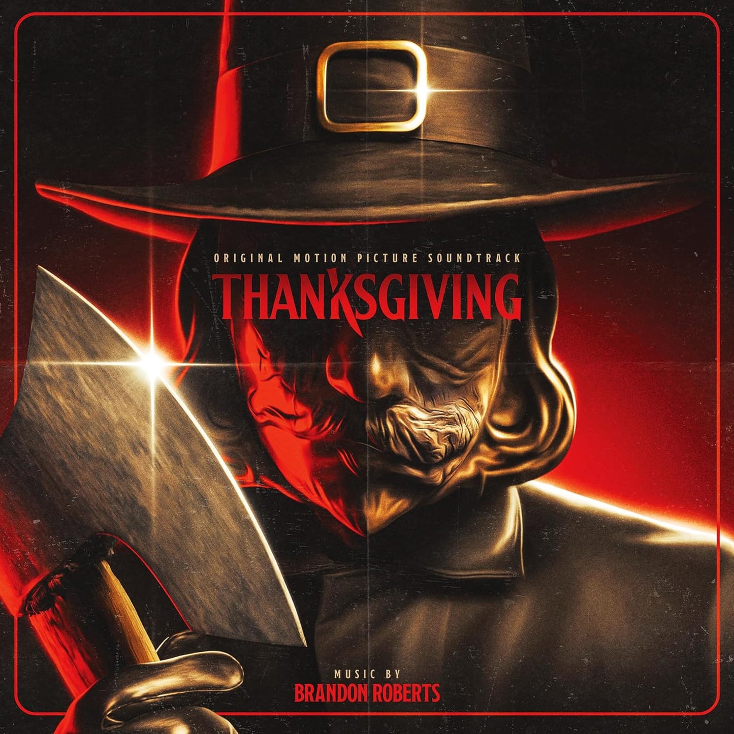 Thanksgiving movie soundtrack vinyl cover featuring a masked figure with an axe.