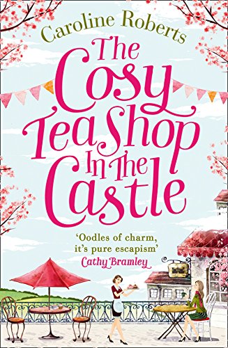 Book cover depicting a teashop with people, pink blossoms, and bunting.