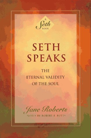 The image depicts a book cover with a multicolored background and central text. Alt text: Book cover with title "Seth Speaks" and multicolored background.