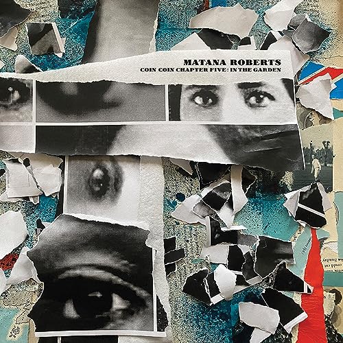 Collage of black and white portraits with torn paper textures.