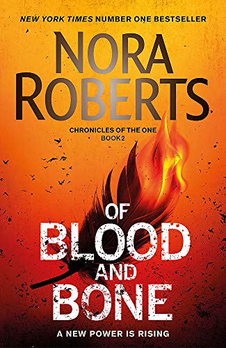 Book cover: "Of Blood and Bone" by Nora Roberts, with a fiery feather.