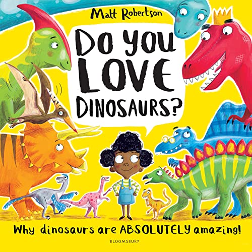 Colorful children's book cover featuring a child surrounded by various dinosaurs.
