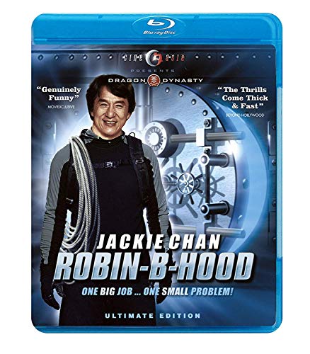 Jackie Chan on the cover of the Robin-B-Hood Blu-ray in front of a vault.