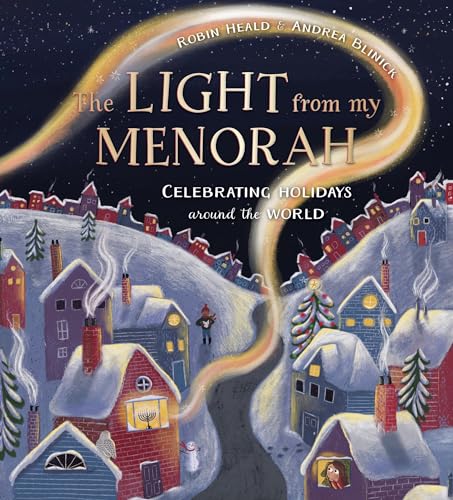 Book cover depicting snowy houses and a glowing menorah illustration.