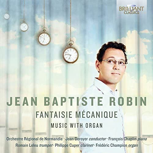 CD cover featuring portrait of Jean Baptiste Robin with hanging clocks.