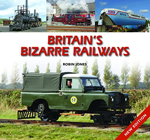 Book cover featuring unusual British railway vehicles, including a Land Rover on tracks.