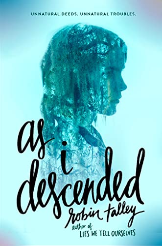 Book cover: woman’s face merging with blue-green foliage and branches.