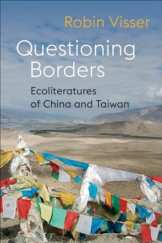 Book cover: "Questioning Borders" with a mountainous landscape and prayer flags.
