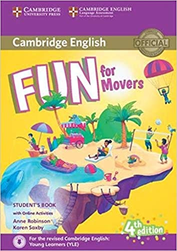 Colorful textbook cover, “Fun for Movers,” depicts children at a beach.