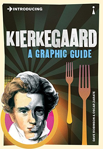 Book cover for Introducing Kierkegaard featuring a half-human, half-skull face and two forks.
