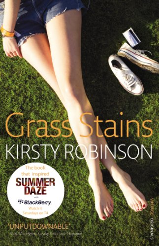 Book cover: legs in denim shorts on grass, with shoes and title “Grass Stains”.