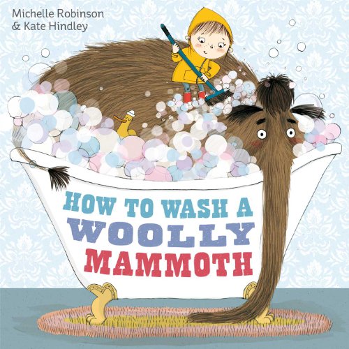 A child in a yellow raincoat scrubs a woolly mammoth in a bubble-filled bathtub.