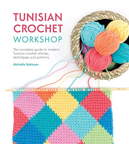 Book cover with yarn, crochet hook, and a colorful Tunisian crochet sample.