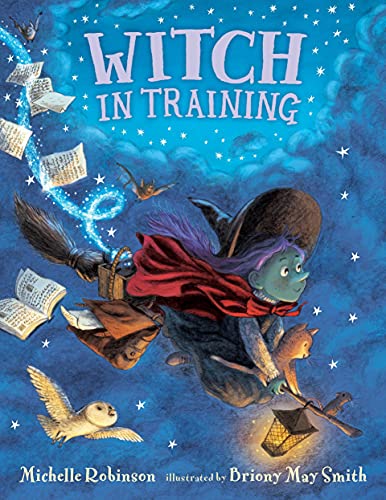 Young witch flying on a broom with books, a cat, and an owl.