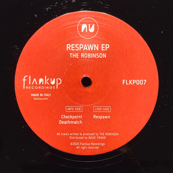 Red vinyl record label with white text: "Respawn EP" by The Robinson.