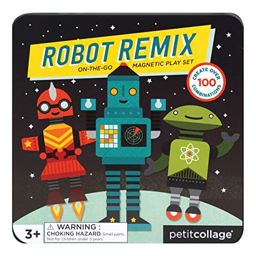 Colorful magnetic robot play set in a tin container.