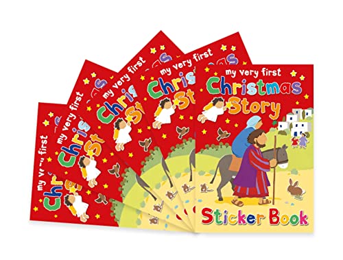 Five red sticker books depicting the Nativity story with illustrations.