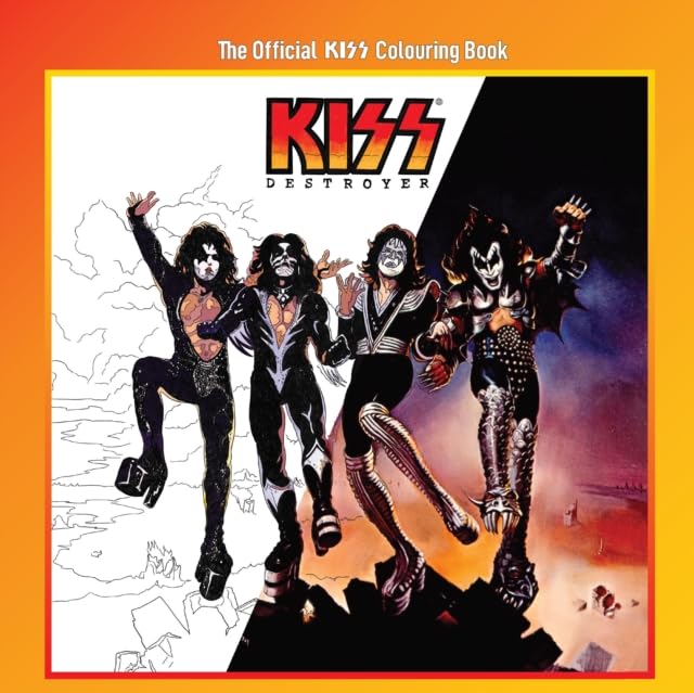 The Official KISS Colouring Book cover features the band members transitioning from line art.