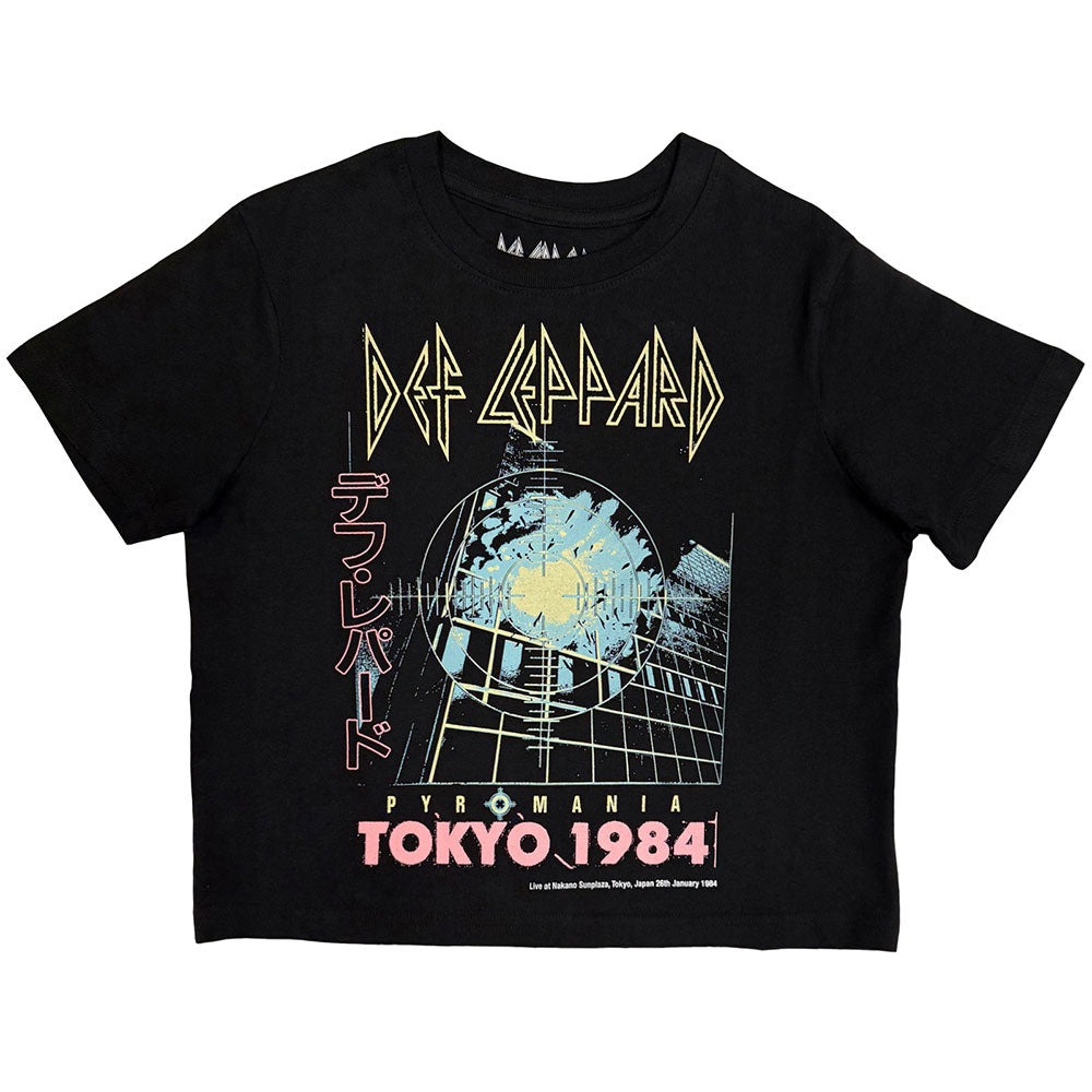 Black Def Leppard Tokyo 1984 graphic crop top t-shirt on a white background.
