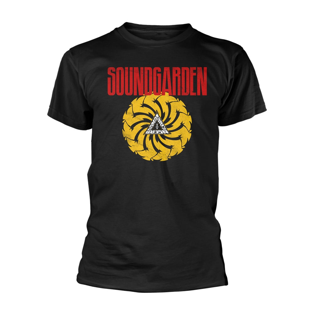Black Soundgarden t-shirt featuring a yellow circular blade design and red band logo.