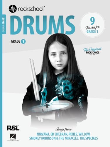 Cover of Rock School Drums Grade 1 music book featuring a young girl drumming.