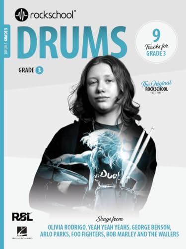 Rock School Drums Grade 3 book cover with a drummer and song list.