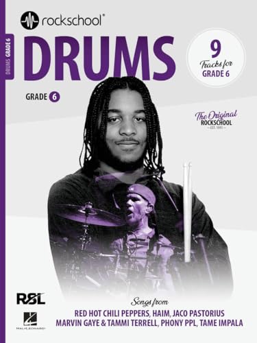 Rockschool Drums Grade 6 music book cover featuring a drummer and song artist list.