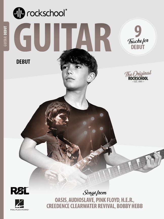 Rock School Guitar Debut" book cover featuring a young guitarist.