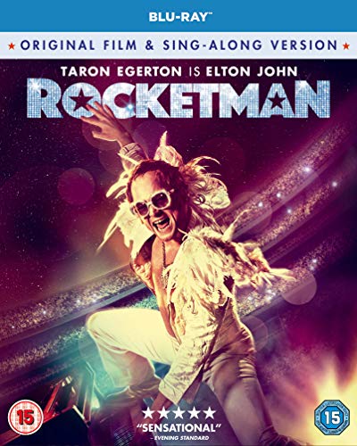 Rocketman Blu-ray cover featuring Taron Egerton as Elton John in performance.
