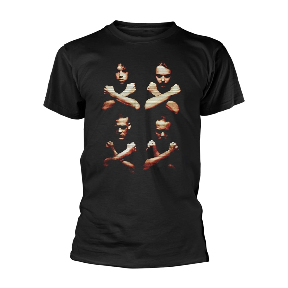 Black t-shirt with a graphic of crossed arms and faces.