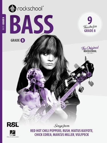 Rockschool Bass Grade 8 book cover with musician and bass guitar.