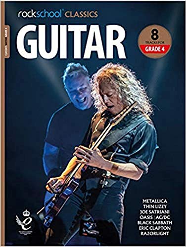 Guitar tutorial book cover featuring musicians playing, text “GUITAR Grade 4”.