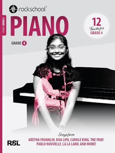 Rockschool Piano Grade 4 music book cover featuring a smiling pianist and grand piano.