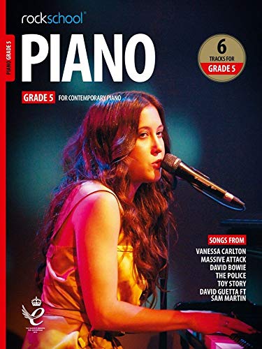 Rockschool Piano Grade 5 book cover with a singer at a piano.