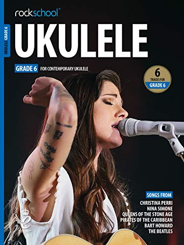 Rockschool Ukulele Grade 6 book cover featuring a singer with a microphone.