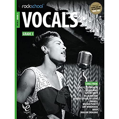 Rockschool Vocals Grade 3 textbook cover featuring a singer at a microphone.