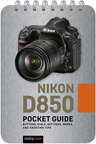 Nikon D850 camera on a pocket guide cover with text details.