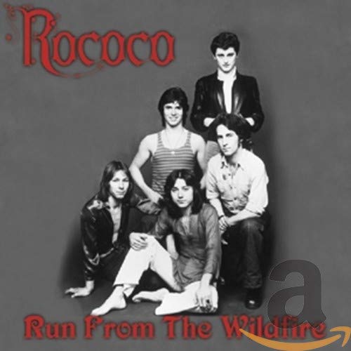 Black and white photo of five people, album cover for Rococo’s “Run From The Wildfire.”