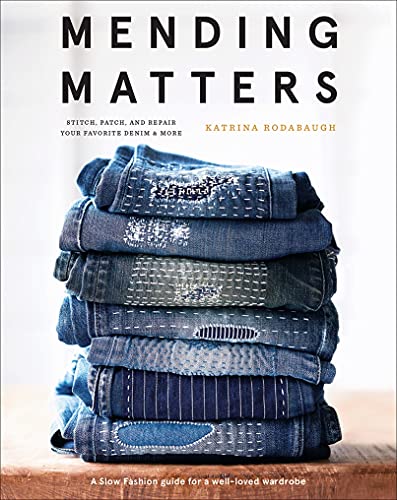 Book cover with stacked, patched denim jeans and white text: "Mending Matters".