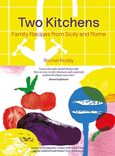 Cookbook cover with colorful illustrations of fruits, vegetables, and kitchenware.