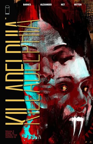 Comic book cover: a pale face with red eyes and visible fangs.
