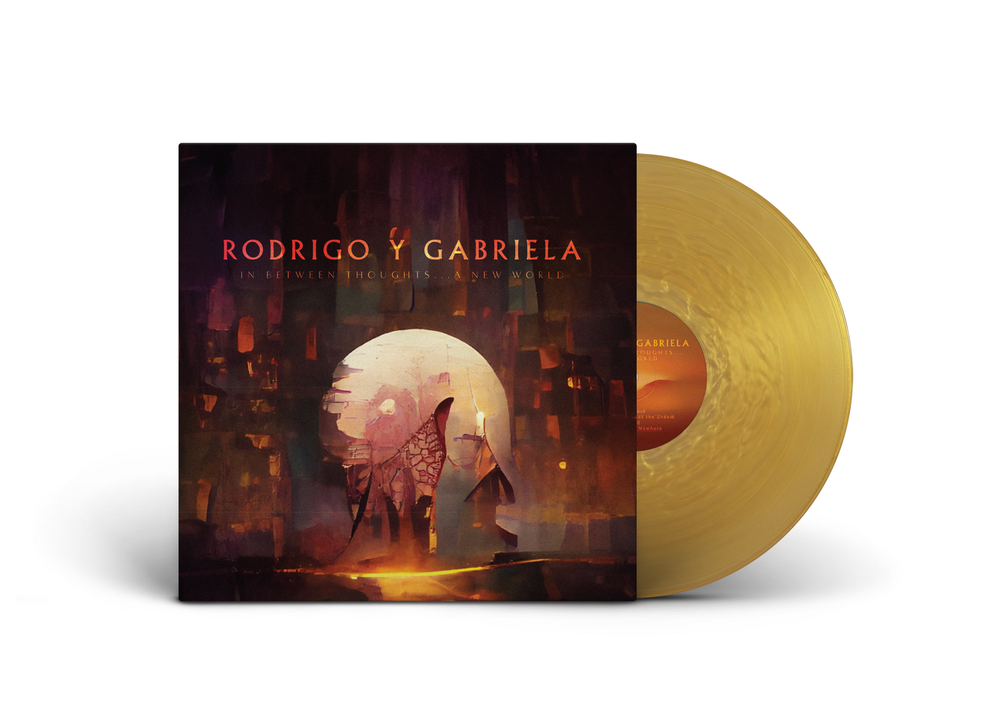 Gold vinyl LP with album cover featuring abstract cityscape illustration.