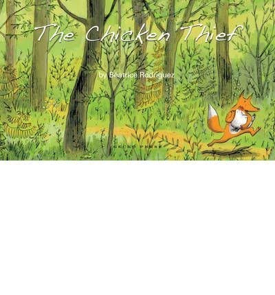 Illustration of a fox running with a chicken through a green forest.