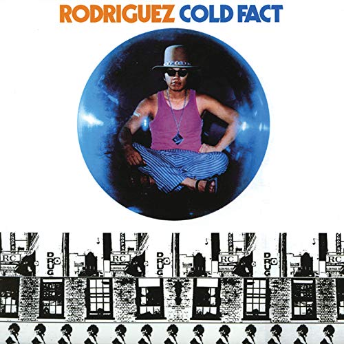 Rodriguez Cold Fact album cover showing a man in a blue bubble above buildings.
