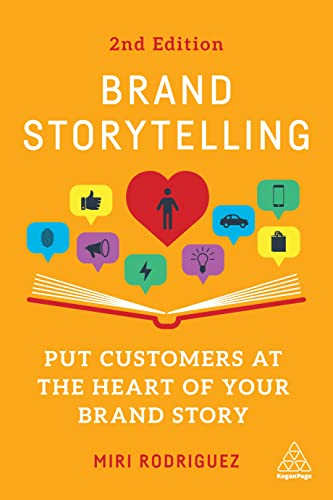 Orange book cover with “Brand Storytelling” title and colorful icons.