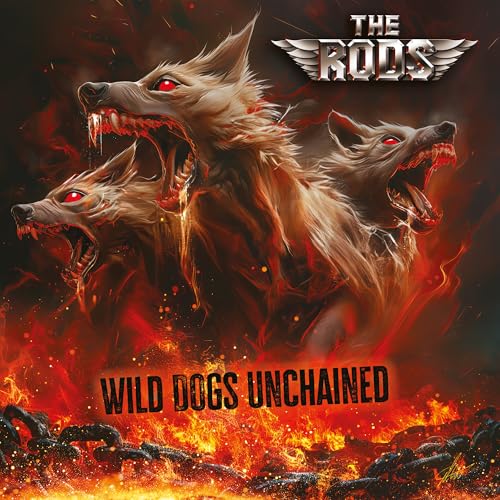 Three snarling dogs with red eyes emerge from flames above broken chains.