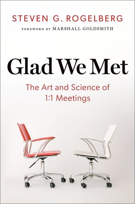 Book cover with title “Glad We Met” and two office chairs.
