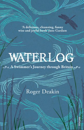 The image shows a book cover. "Waterlog" is written in large white text, with "A Swimmer's Journey through Britain" written below it in smaller text. The author's name, "Roger Deakin", is at the bottom. The background is blue with swirling patterns and illustrations of reeds and a bird. The alt text is: "Blue book cover with 'Waterlog' and reeds."